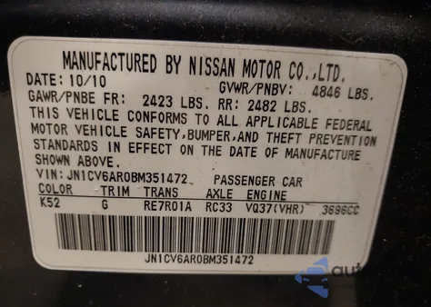 2011 Infiniti G37X z USA, uszkodzony, nr VIN JN1CV6AR0BM351472